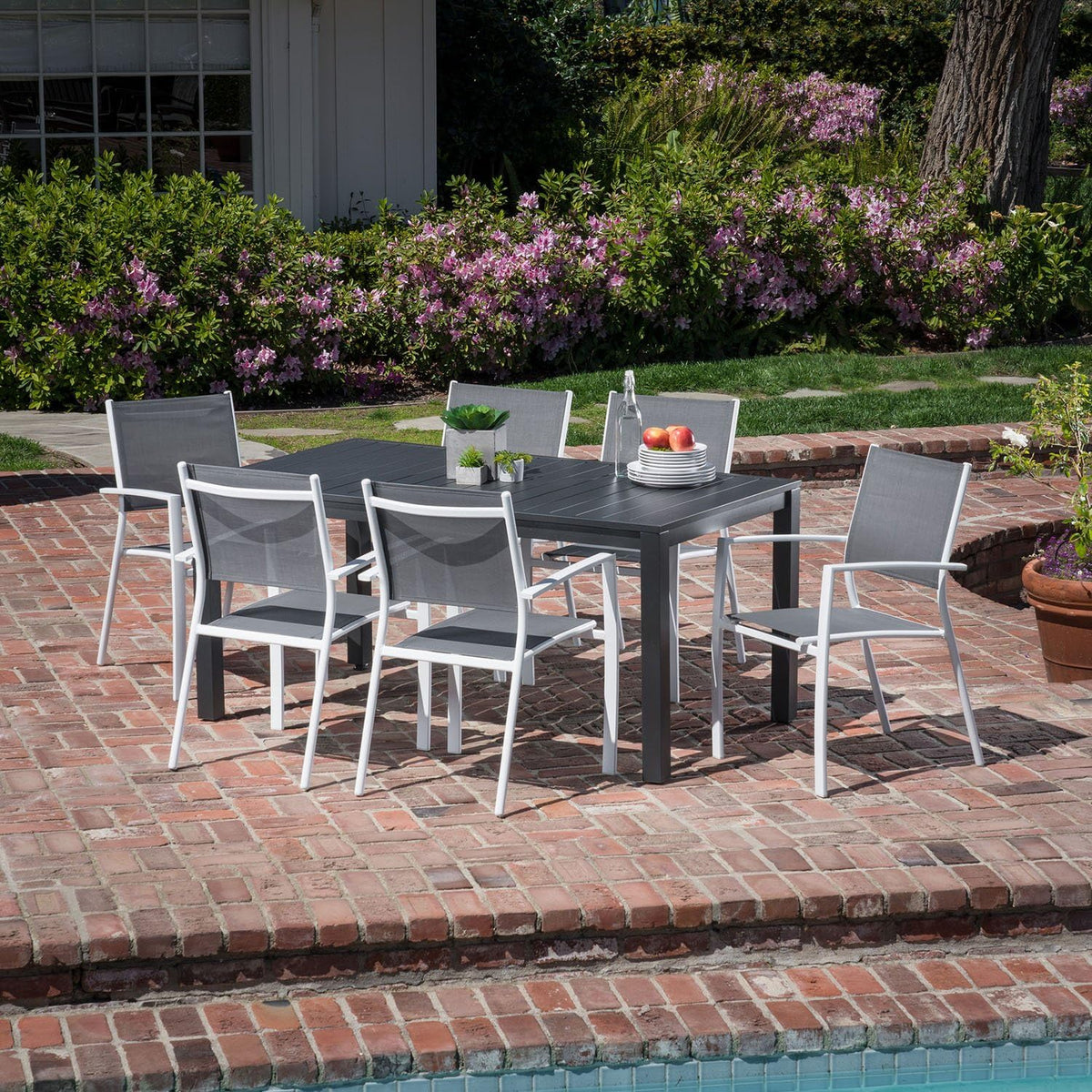 7-Piece Gray White Sling Chairs and Dining Table Outdoor Furniture I539526