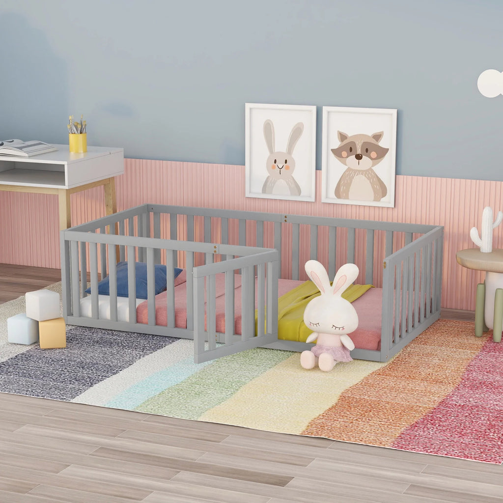 Twin Size Wood Floor Bed with Rails and Door Z3674