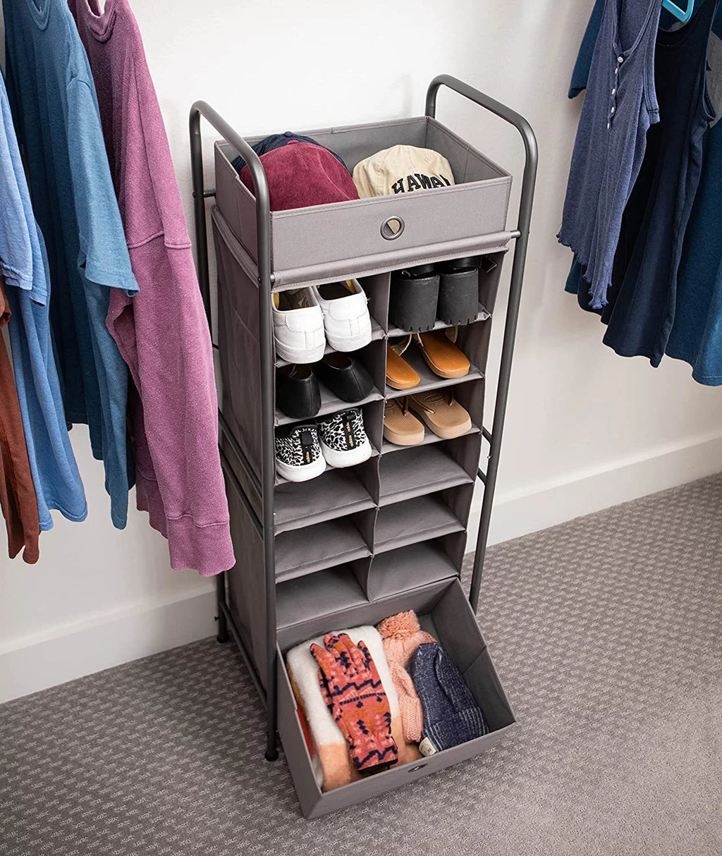 Grey 12 Cubby Vertical Shoe Rack Organizer with Drawer Q269