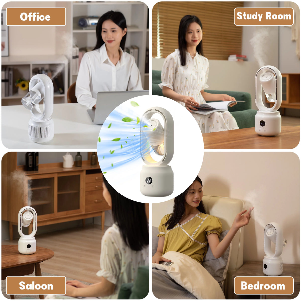 White 3 Speeds Bladeless Tower Fan with Humidifier A229