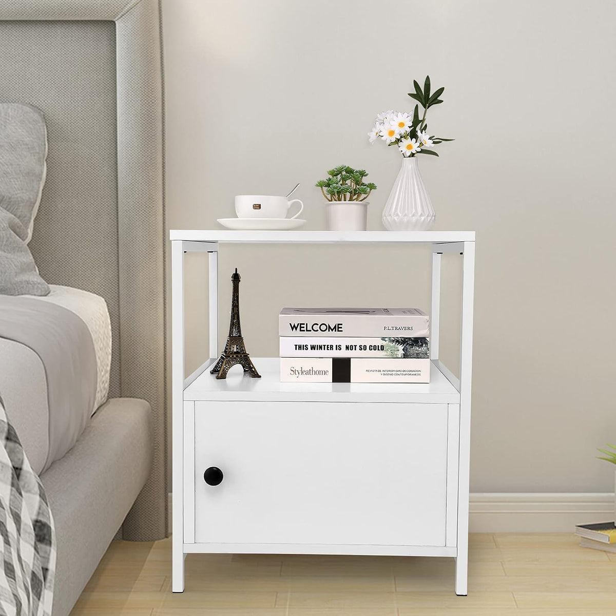 Black Wooden Nightstand with Storage Cabinet and Open Shelves Q831