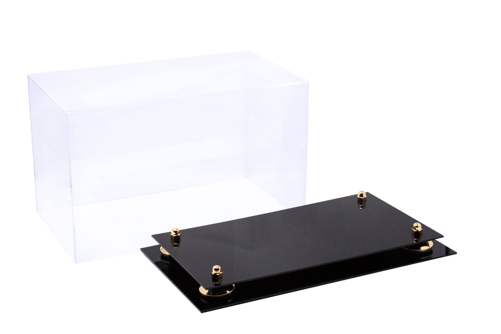 Clear Acrylic Display Case Medium Rectangle Box with Gold Risers 14 inch x 8 inch x 8.5 inch Q21212