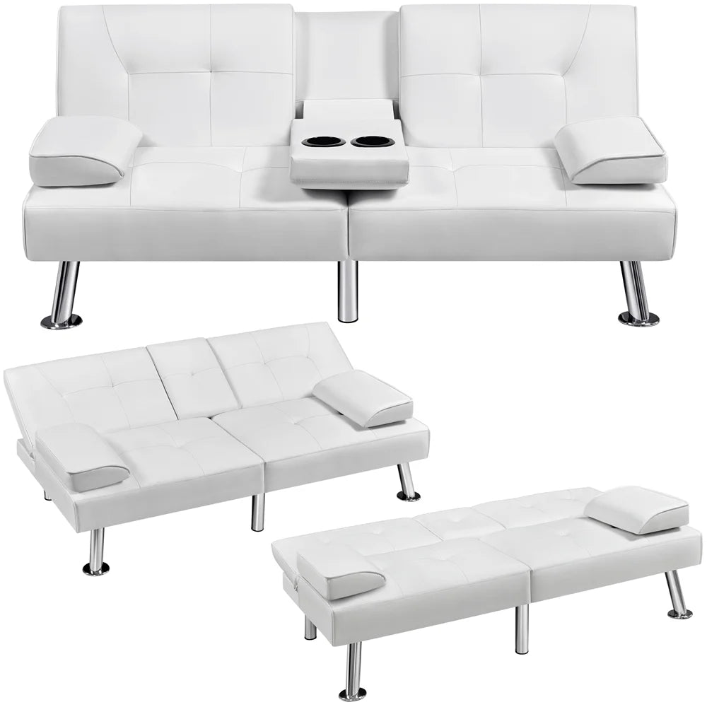 White Convertible Futon Bed with 2 Throw Pillows T27323