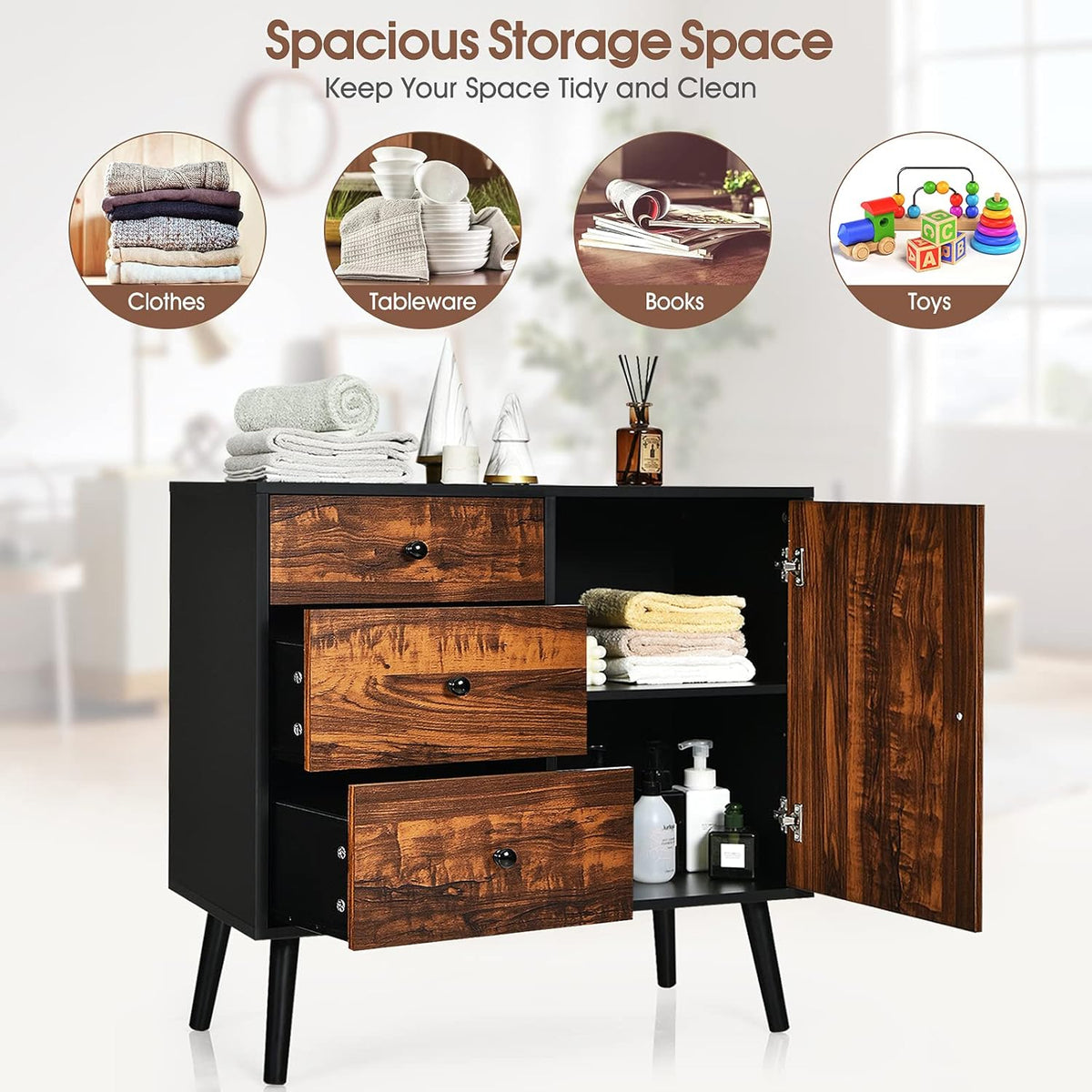 Storage Cabinet Buffet Sideboard with 3 Drawers and Adjustable Shelf H4899