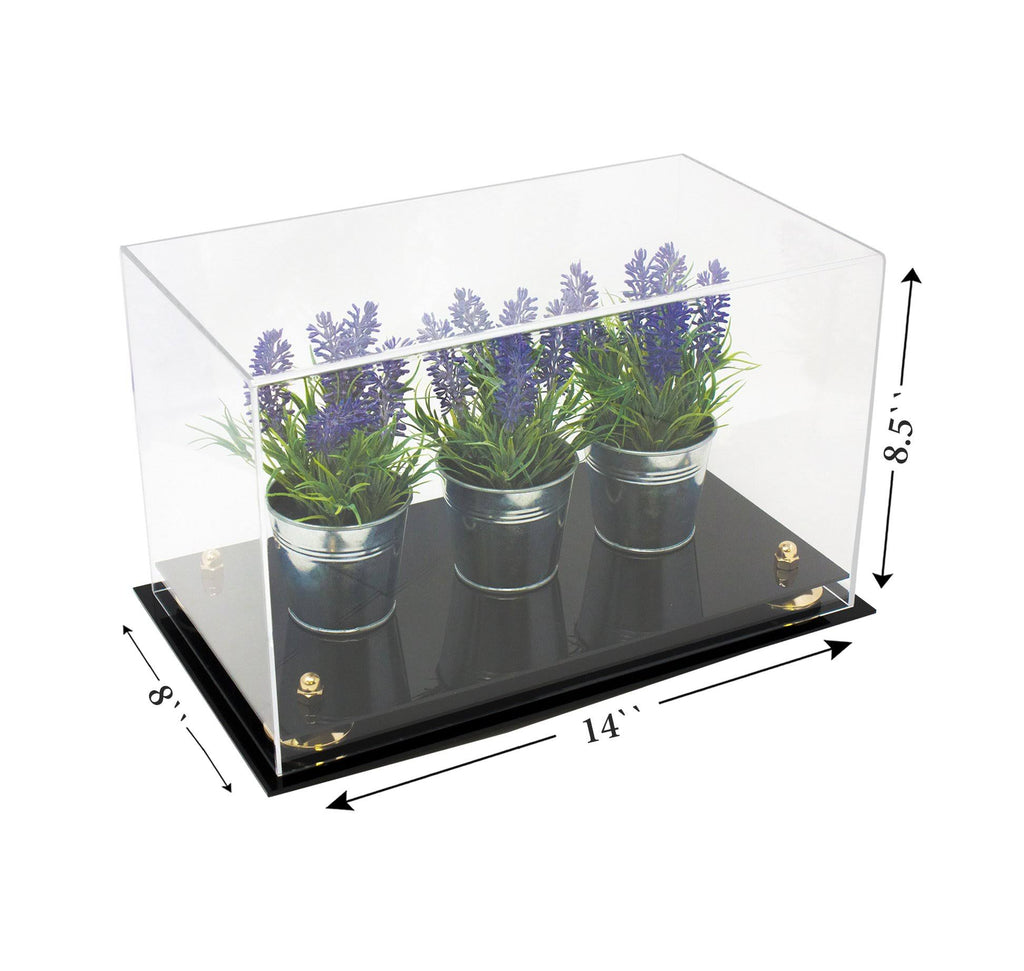 Clear Acrylic Display Case Medium Rectangle Box with Gold Risers 14 inch x 8 inch x 8.5 inch Q21212