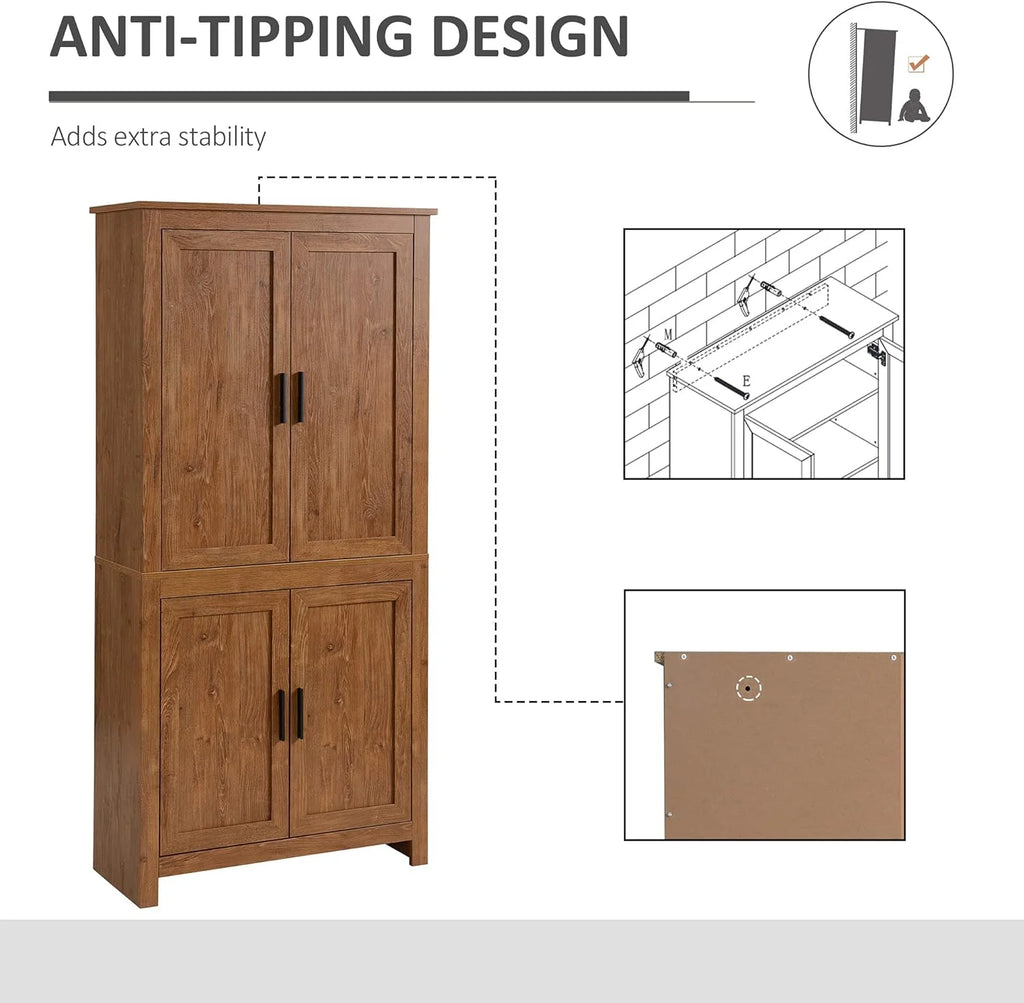64" 4-Door Oak Kitchen Pantry Cabinet with 3 Adjustable Shelves L78934