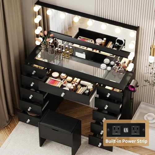 White Glass Top Makeup Vanity Desk with Lighted Mirror and 11 Drawers I921948