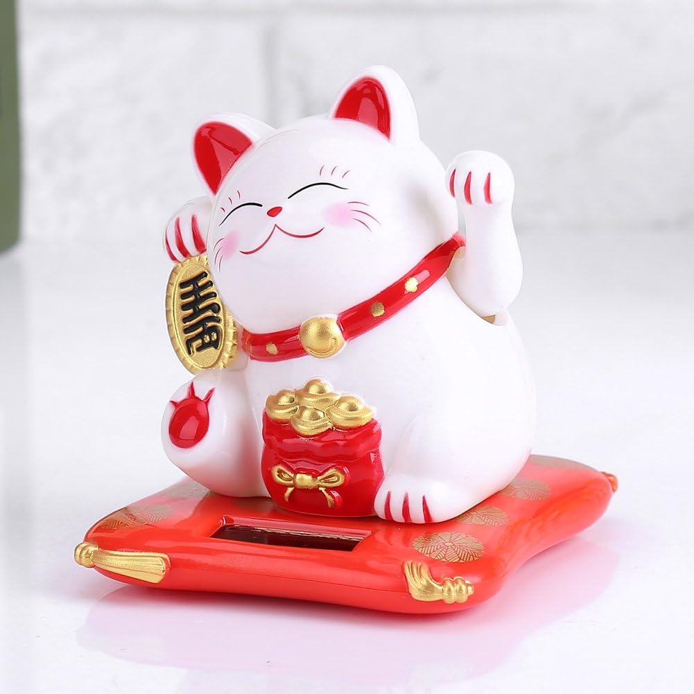 Solar Powered Waving Arm Lucky Cat White B31407