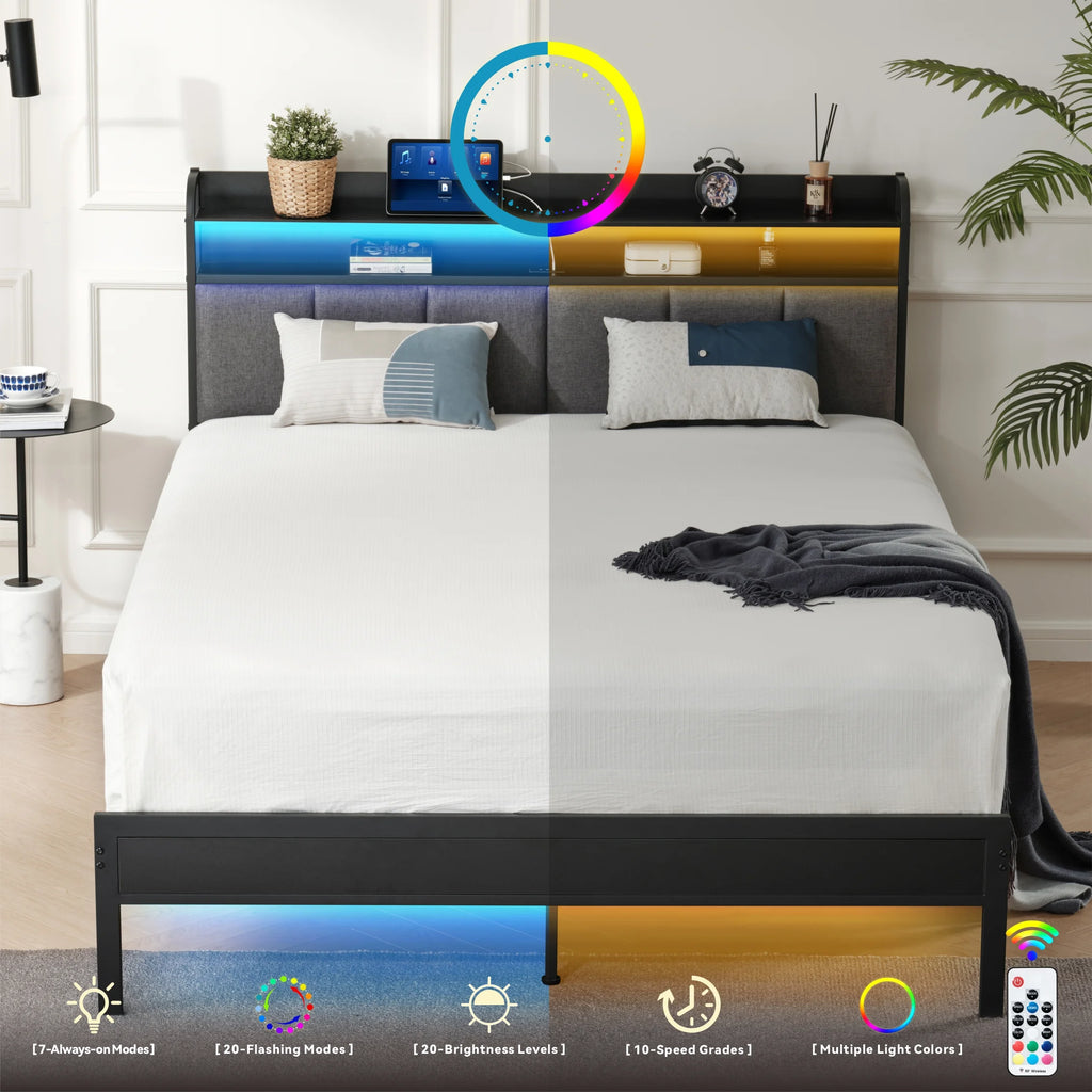 King Size Metal and Wood Platform Bed with LED Headboard A54910