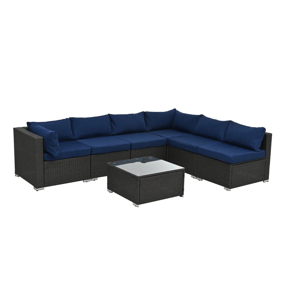 7 Piece PE Rattan Patio Furniture Set with Cushions and Glass Coffee Table X8168