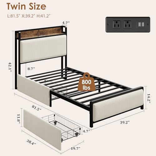 Full Size Linen Upholstered Platform Bed Frame with Storage Headboard and 2 Drawers K257