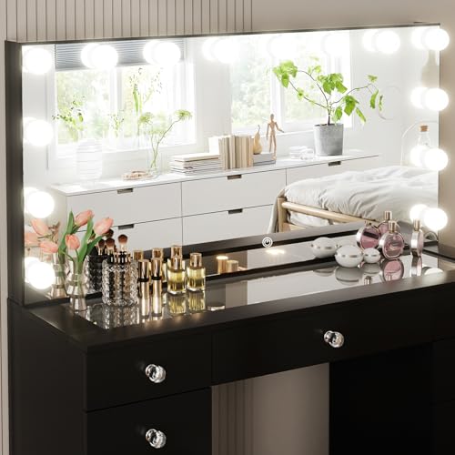White Glass Top Makeup Vanity Desk with Lighted Mirror and 11 Drawers I921948