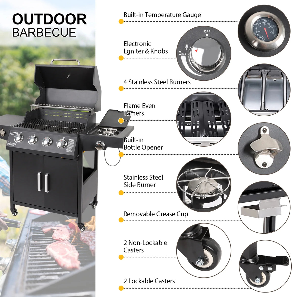 4-Burner Propane Gas Grill with Side Burner O52990