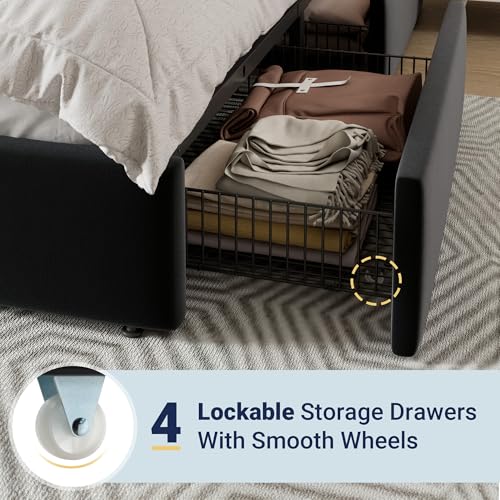 White Full Size Platform Bed Frame with 4 Storage Drawers and Velvet Upholstered Headboard D654943