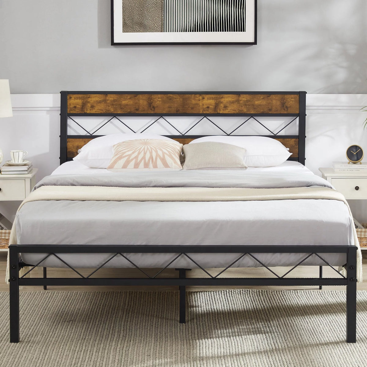 Queen Metal Bed Frame with Brown Wooden Headboard K6841
