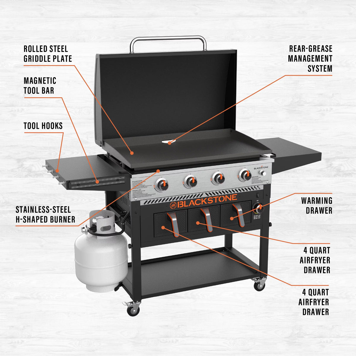 4-Burner Propane Griddle with Air Fryer and Hood L21687