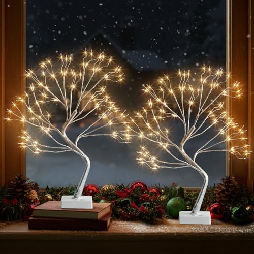 Lighted Birch Tree Christmas Decorations, 2Pack 24 LED Artificial White Trees with Lights S76311