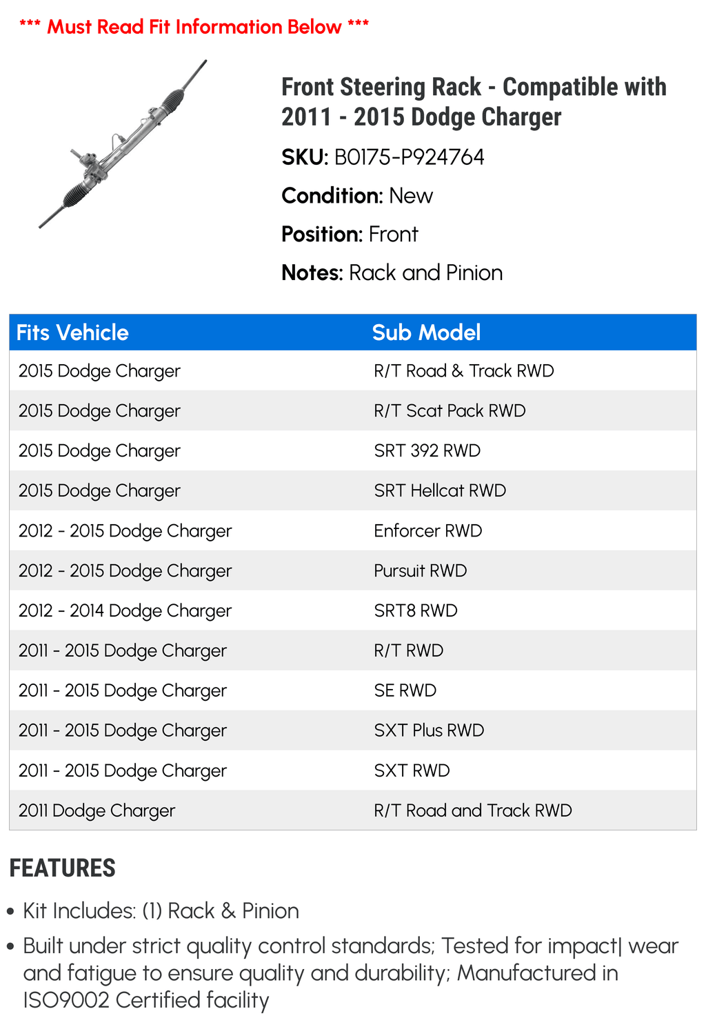 Steering Rack Compatible with 2011-2015 Dodge Charger B6132