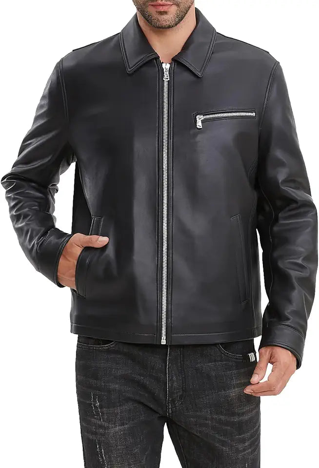 Leather Jacket Men Lambskin Jacket with Full Zip Front O262