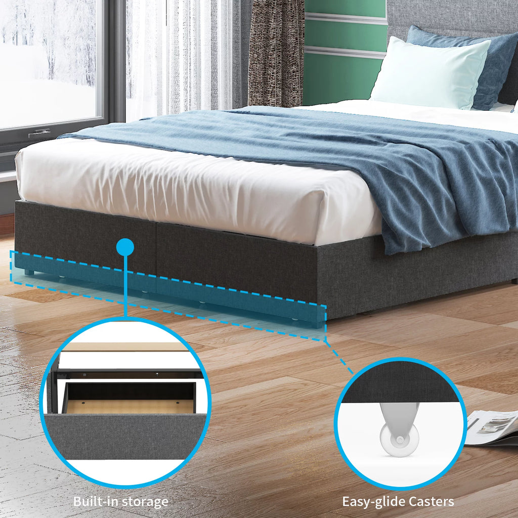Queen Dark Grey Upholstered Platform Bed Frame with 2 Storage Drawers A122