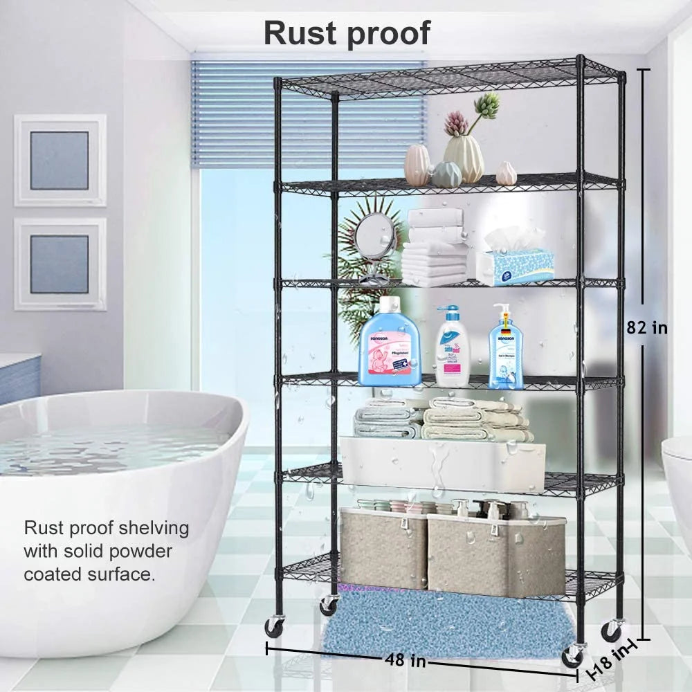 6 Tier Adjustable Heavy Duty Metal Wire Shelving Unit with Wheels P788
