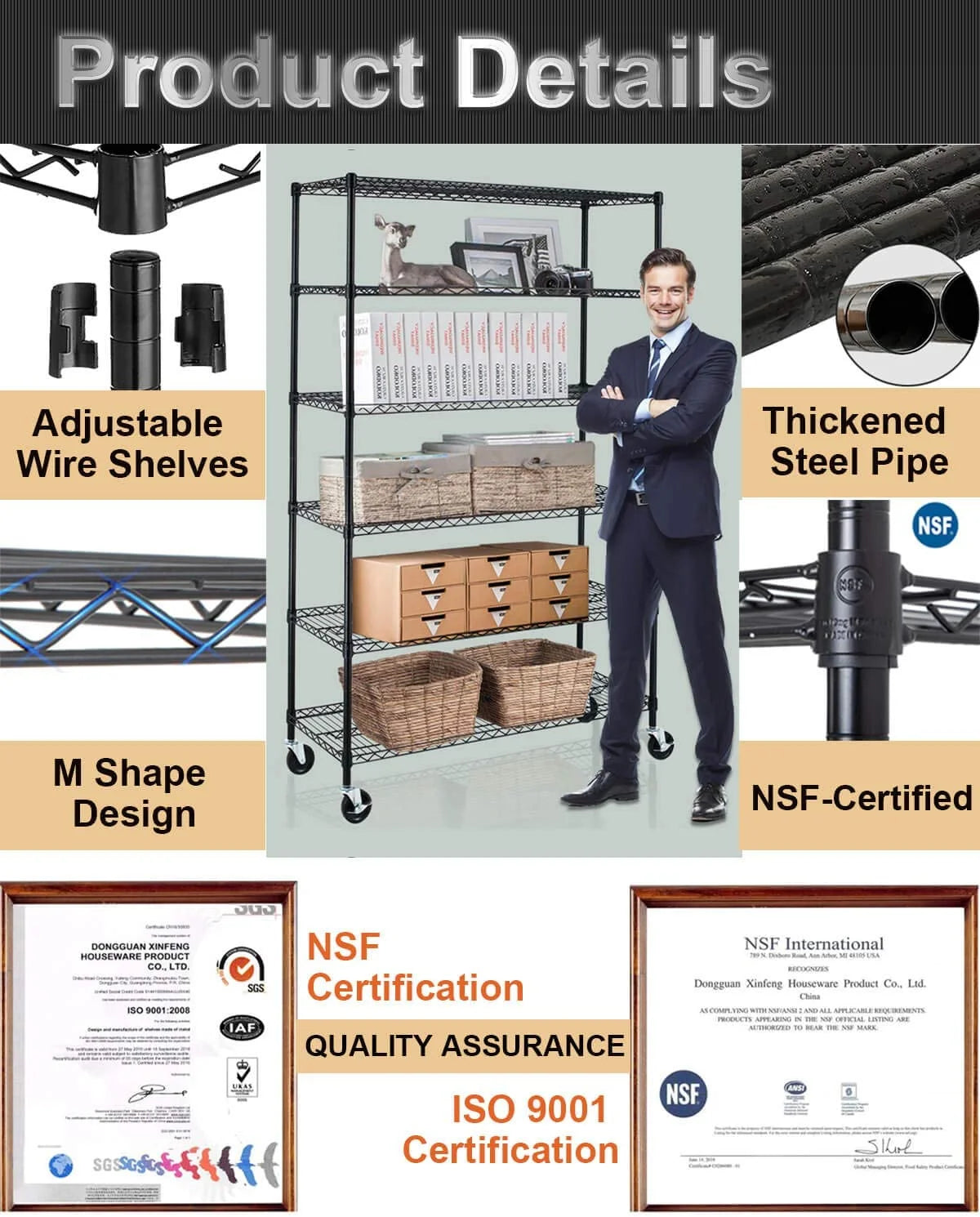 6 Tier Adjustable Heavy Duty Metal Wire Shelving Unit with Wheels P788
