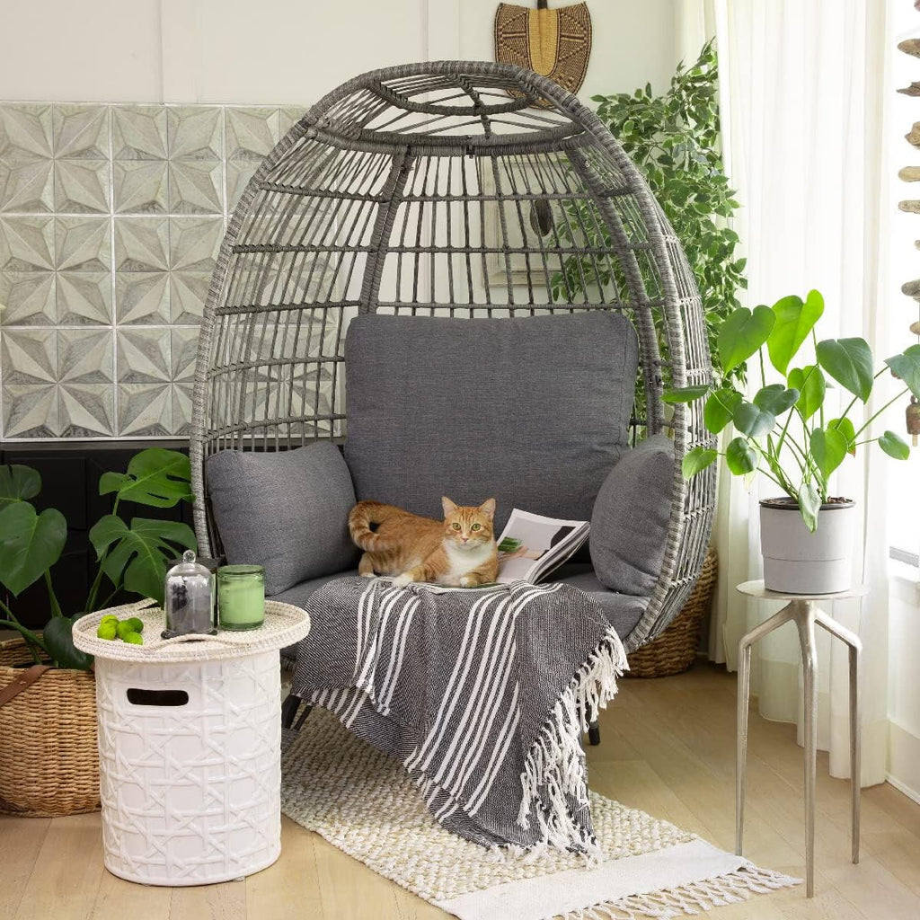 Oversized Grey Wicker Chair with Seat Cushions S290112