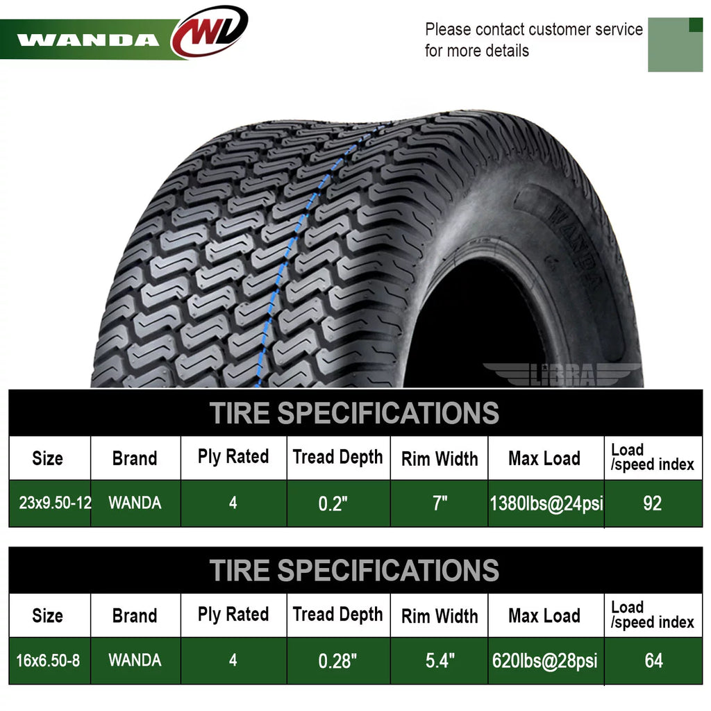 Set of 4 Lawn Mower Turf Tires 16x6.5-8 Front & 23x9.5-12 Rear W94592