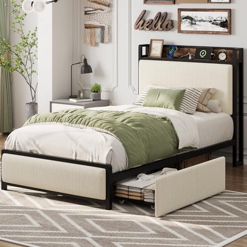 Full Size Linen Upholstered Platform Bed Frame with Storage Headboard and 2 Drawers K257