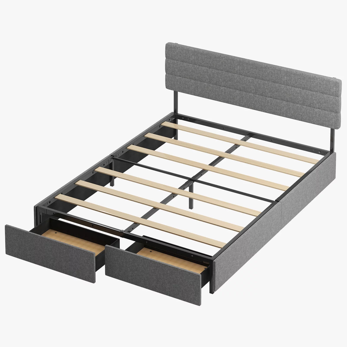 Queen Dark Grey Upholstered Platform Bed Frame with 2 Storage Drawers A122