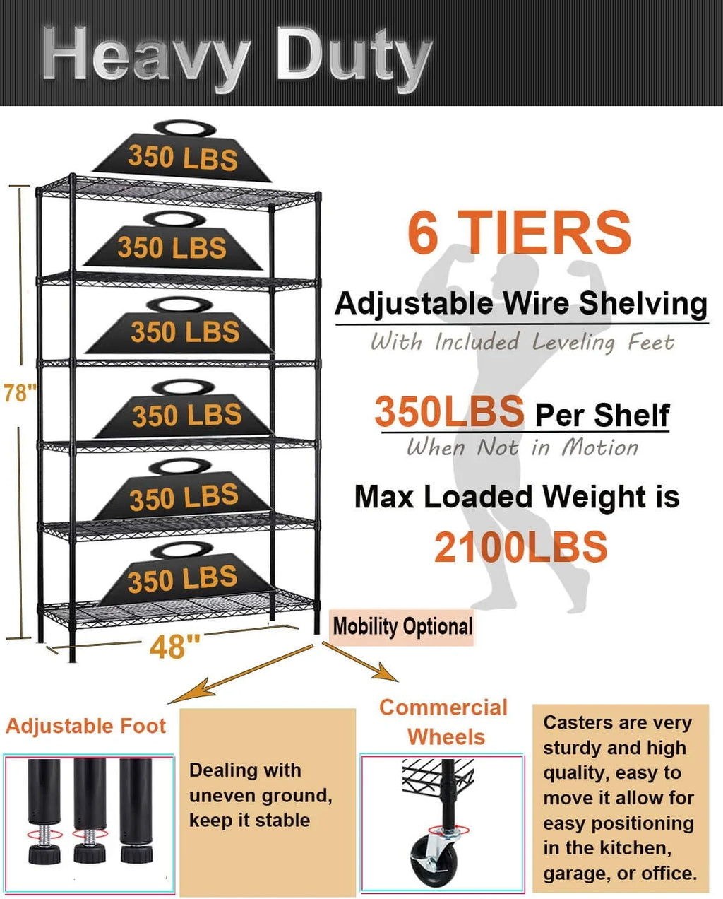 6 Tier Adjustable Heavy Duty Metal Wire Shelving Unit with Wheels P788