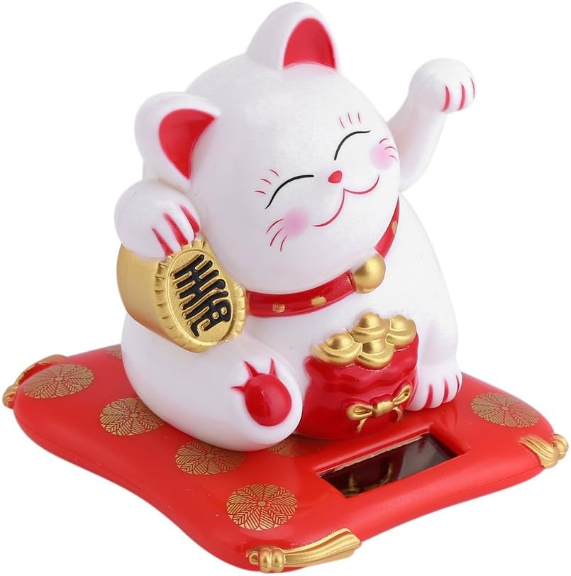 Solar Powered Waving Arm Lucky Cat White B31407