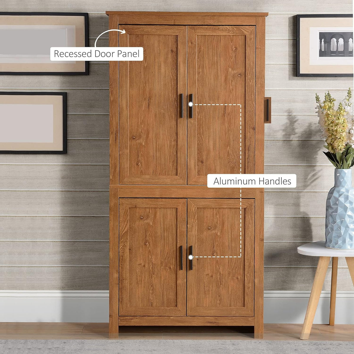 64" 4-Door Oak Kitchen Pantry Cabinet with 3 Adjustable Shelves L78934