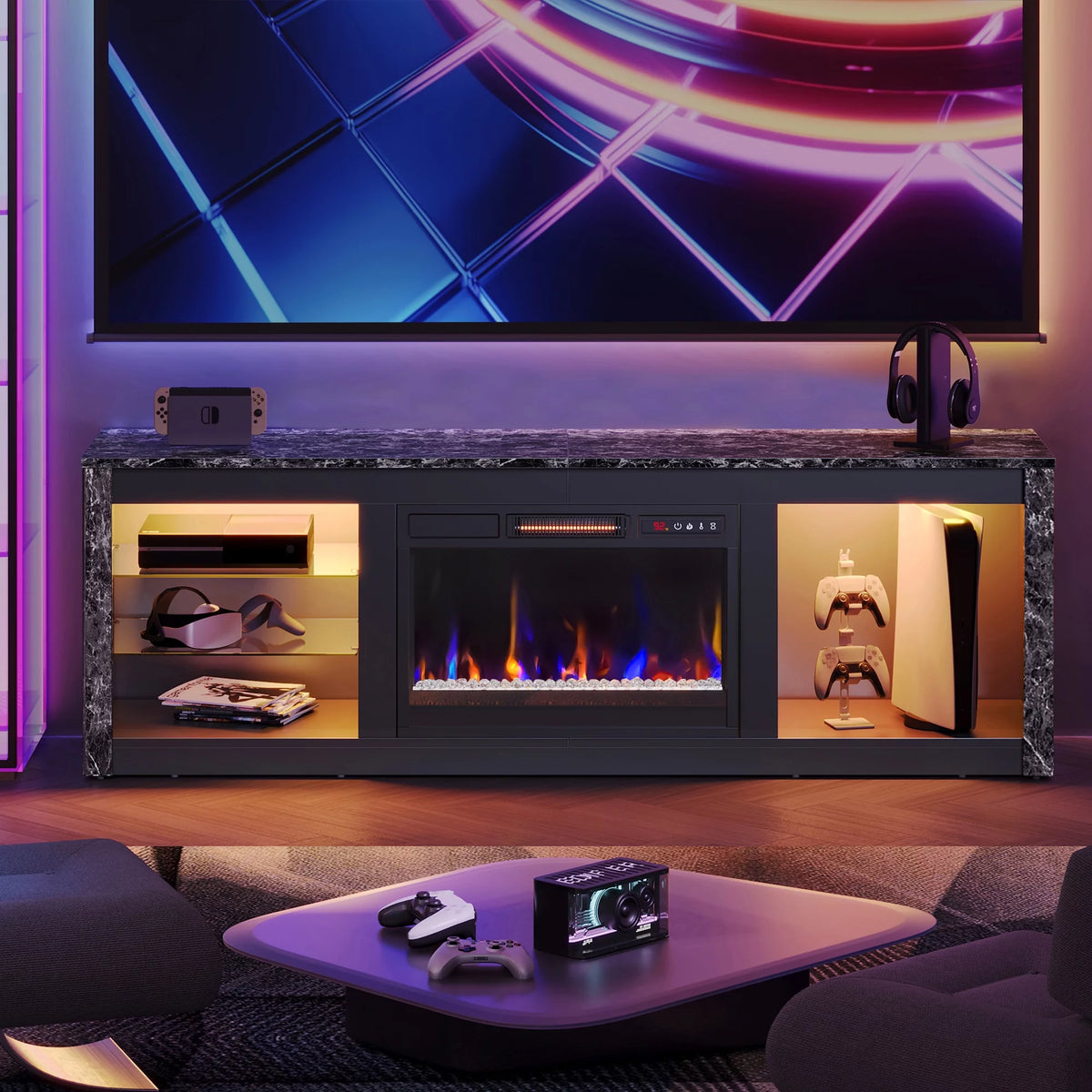 Black Marble Electric Fireplace TV Stand B54748