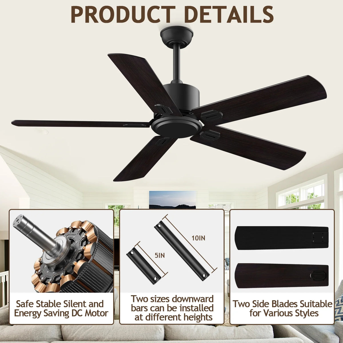 52" Ceiling Fan with Remote Control No Light, 6 Speeds Reversible DC Motor 5 Blades Black/Walnut C56969