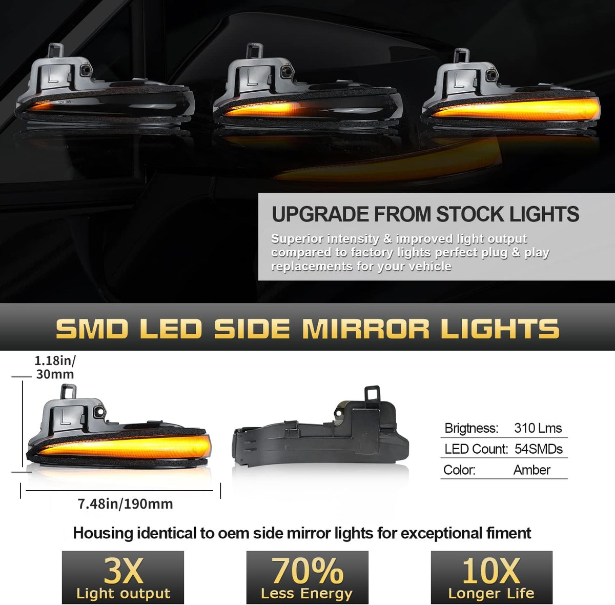 Amber LED Side Mirror Turn Signal Light Indicator Strip Smoked Lens V516
