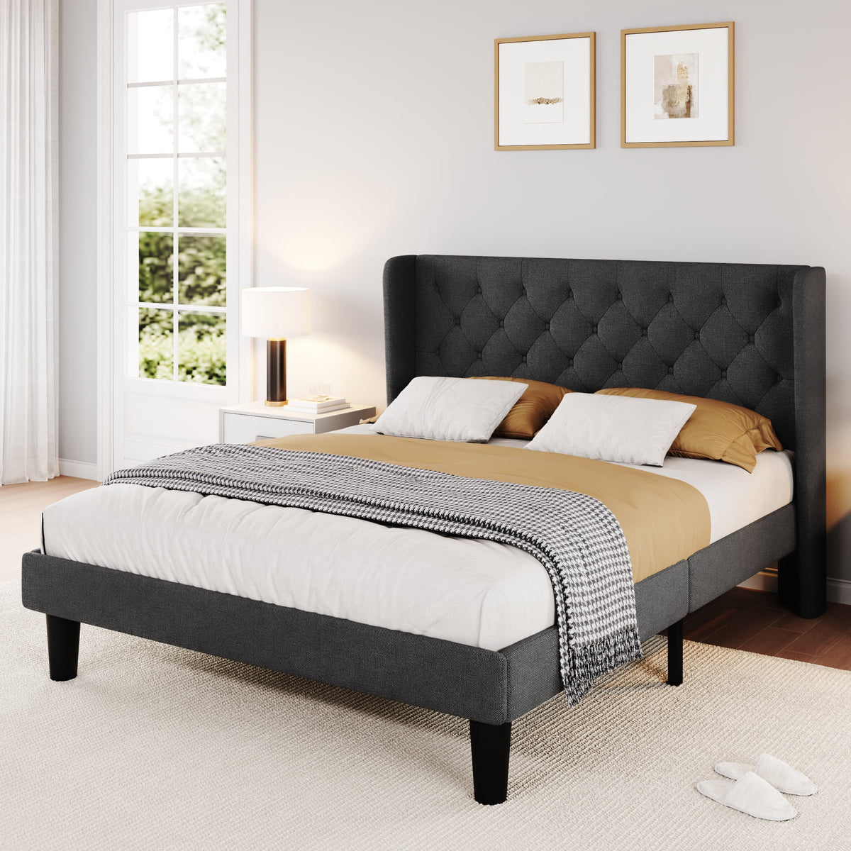 Queen Size Dark Grey Upholstered Platform Bed Frame Y9902