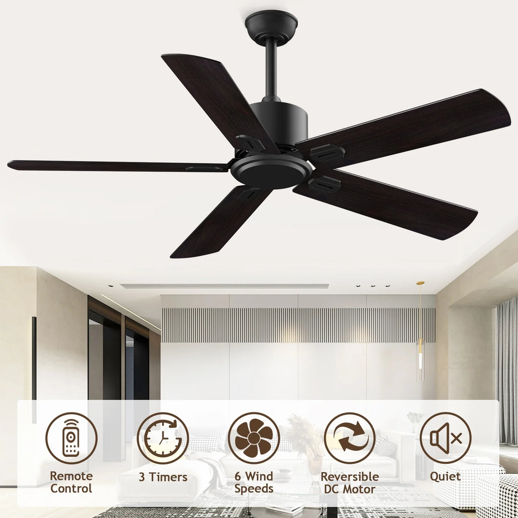 52" Ceiling Fan with Remote Control No Light, 6 Speeds Reversible DC Motor 5 Blades Black/Walnut C56969