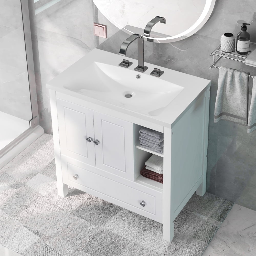30" White Bathroom Vanity with Ceramic Sink and Storage Cabinet P450732