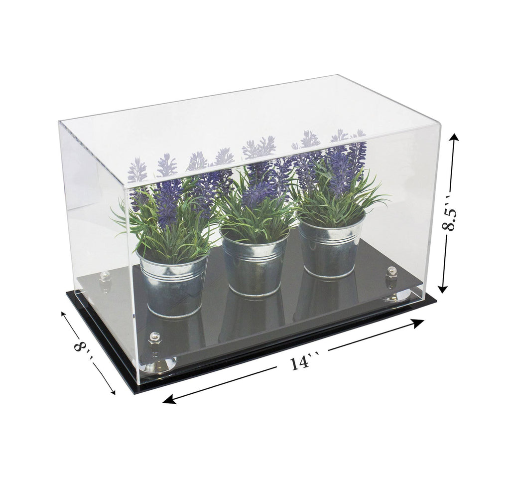 Clear Acrylic Display Case Medium Rectangle Box with Gold Risers 14 inch x 8 inch x 8.5 inch Q21212
