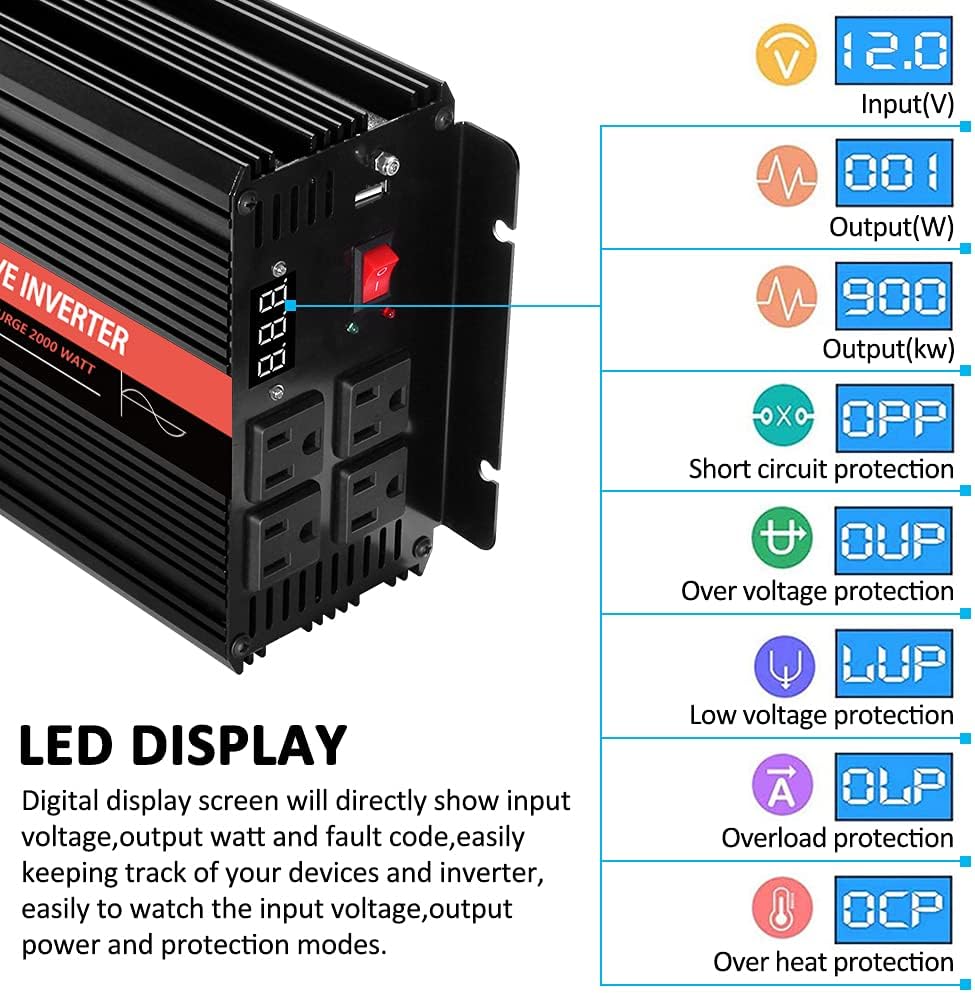 1000 Watt Pure Sine Wave Inverter 12v DC to 110/120v AC Z390011