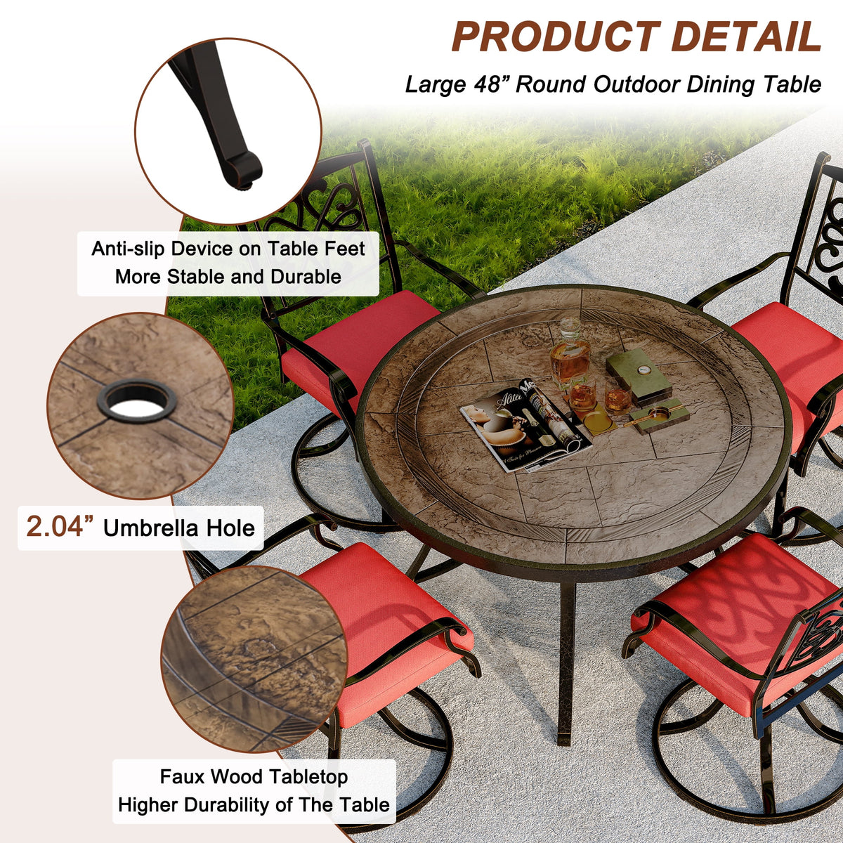 48" Cast Aluminum Round Patio Dining Table with Umbrella Hole O447800