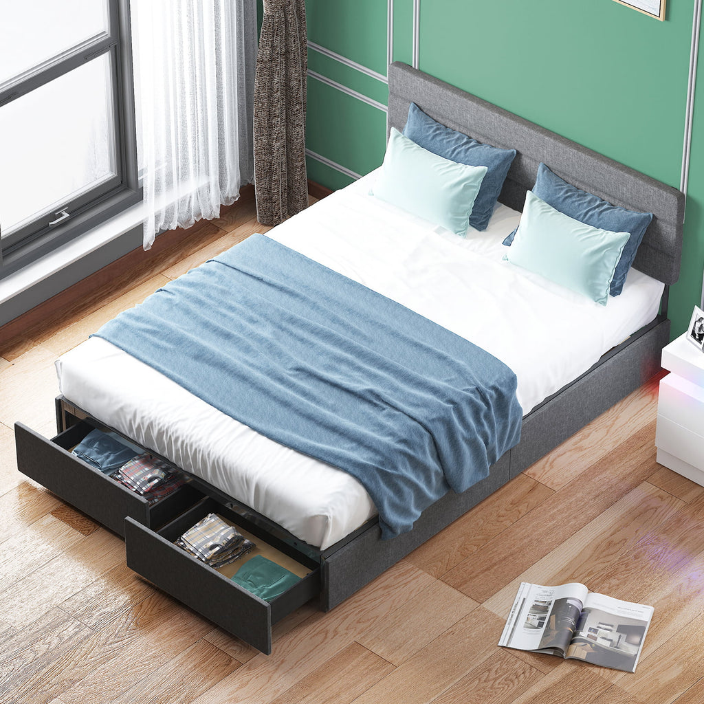 Queen Dark Grey Upholstered Platform Bed Frame with 2 Storage Drawers A122