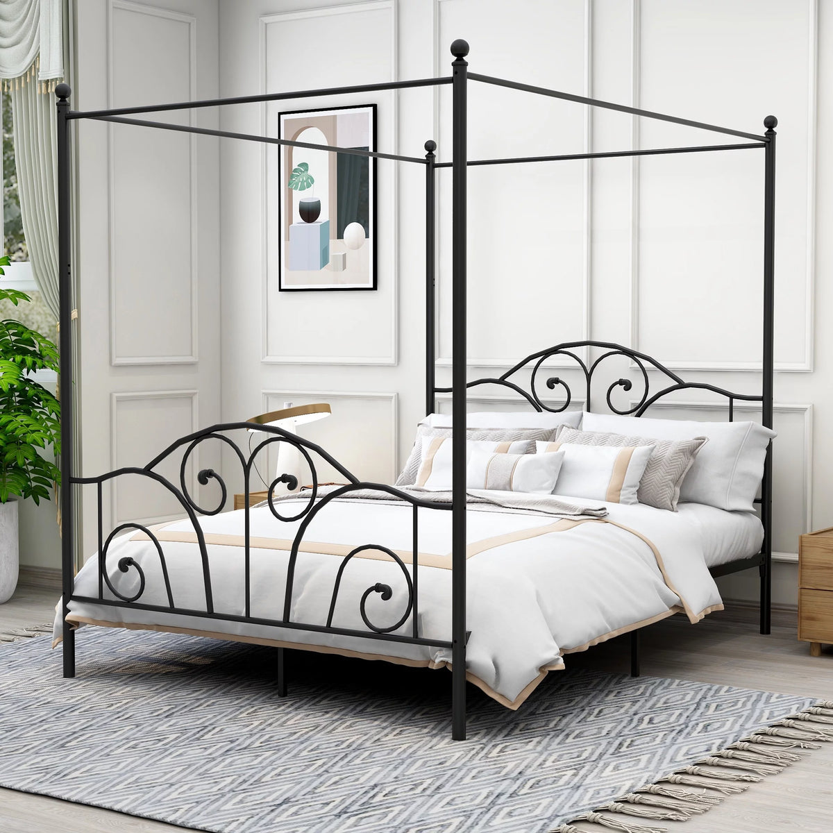 Vintage Four Post Metal Canopy Bed Frame Full Size White T965086
