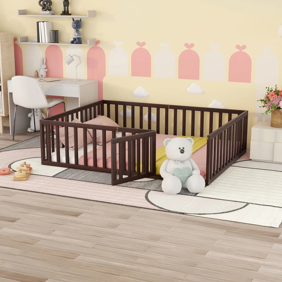 Twin Size Wood Floor Bed with Rails and Door Z3674