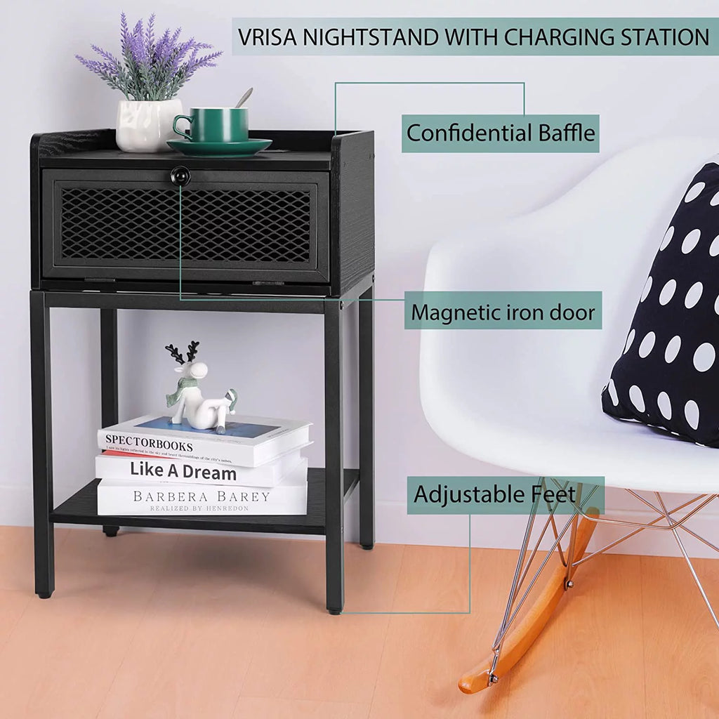 Black Nightstand with Charging Station and Drawers K1972