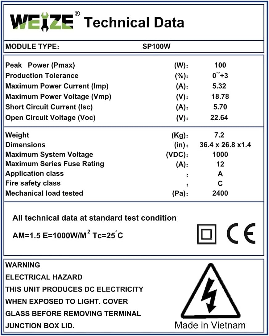 100 Watt 12 Volt Monocrystalline Solar Panel E7125