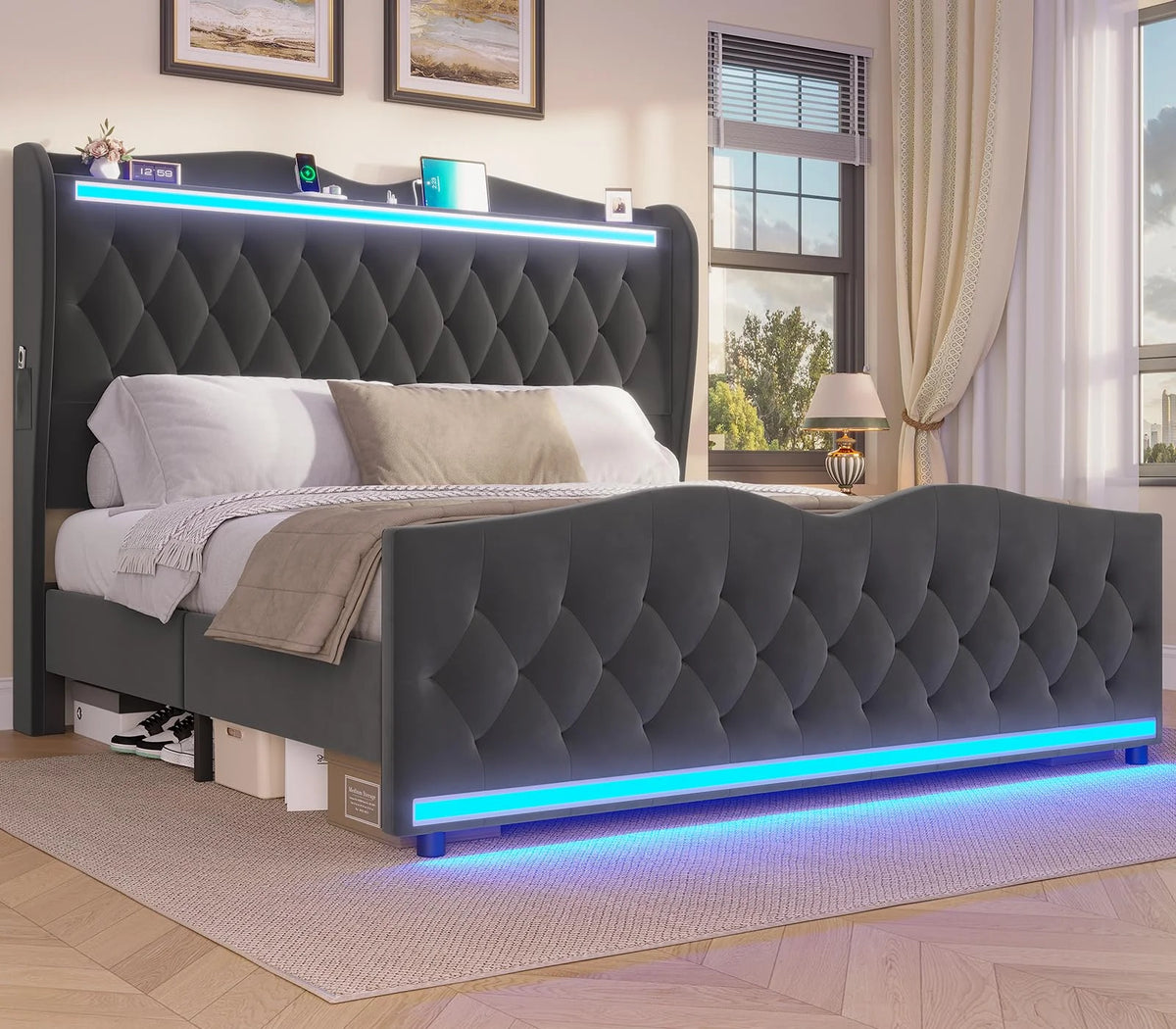 LED Full Size Bed Frame with Storage Headboard and Charging Station L178