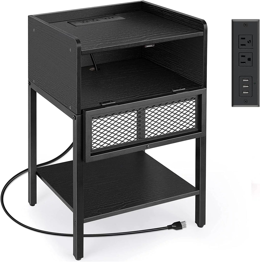 Black Nightstand with Charging Station and Drawers K1972