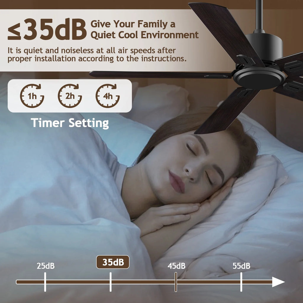 52" Ceiling Fan with Remote Control No Light, 6 Speeds Reversible DC Motor 5 Blades Black/Walnut C56969